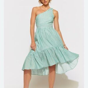 Francesca’s Sloane Striped One Shoulder Midi Dress High Low Linen Cotton Size XS